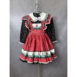 VTG Daisy Kingdom Factory Made Red Plaid Christmas Holiday Dress Bunny Holly Sz6